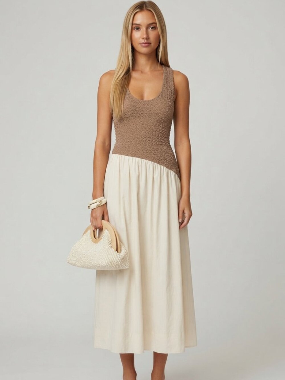 Sovere Taupe & Cream Haven Cotton Blend Midi Dress Size Small 57161